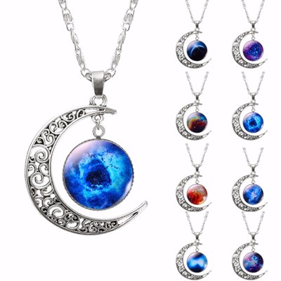 Silver 1.5'' MOON & 3/4'' NEBULA SPACE Glass Dome Silver-tone 18'' Pendant Necklace