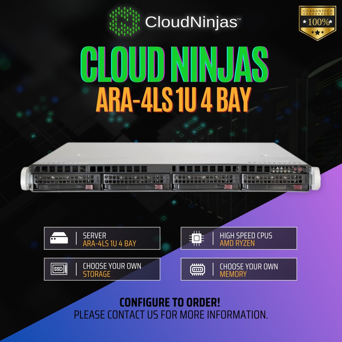 Cloud Ninjas ARA-4LS 1U 4 Bay Server AMD Ryzen 9 9950x 16