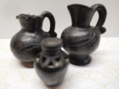 3 Vintage Miniature Native American Style Black Etched FlowersFeathers Pots/Jars