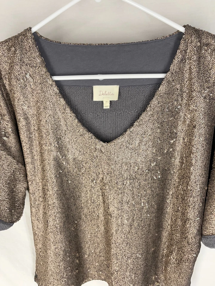 Blusa Top Anthropologie Deletta Lentejuelas Cuello en V Para Mujer Talla XS Talla Grande Boxey Foto 3 de 3
