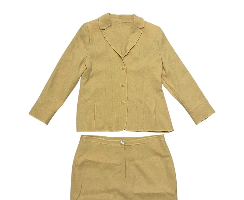 Vtg Mid Century Italian Wool Womans Yellow 2 Piece Skirt Suit Bakelite Button XL - Image 3 of 4