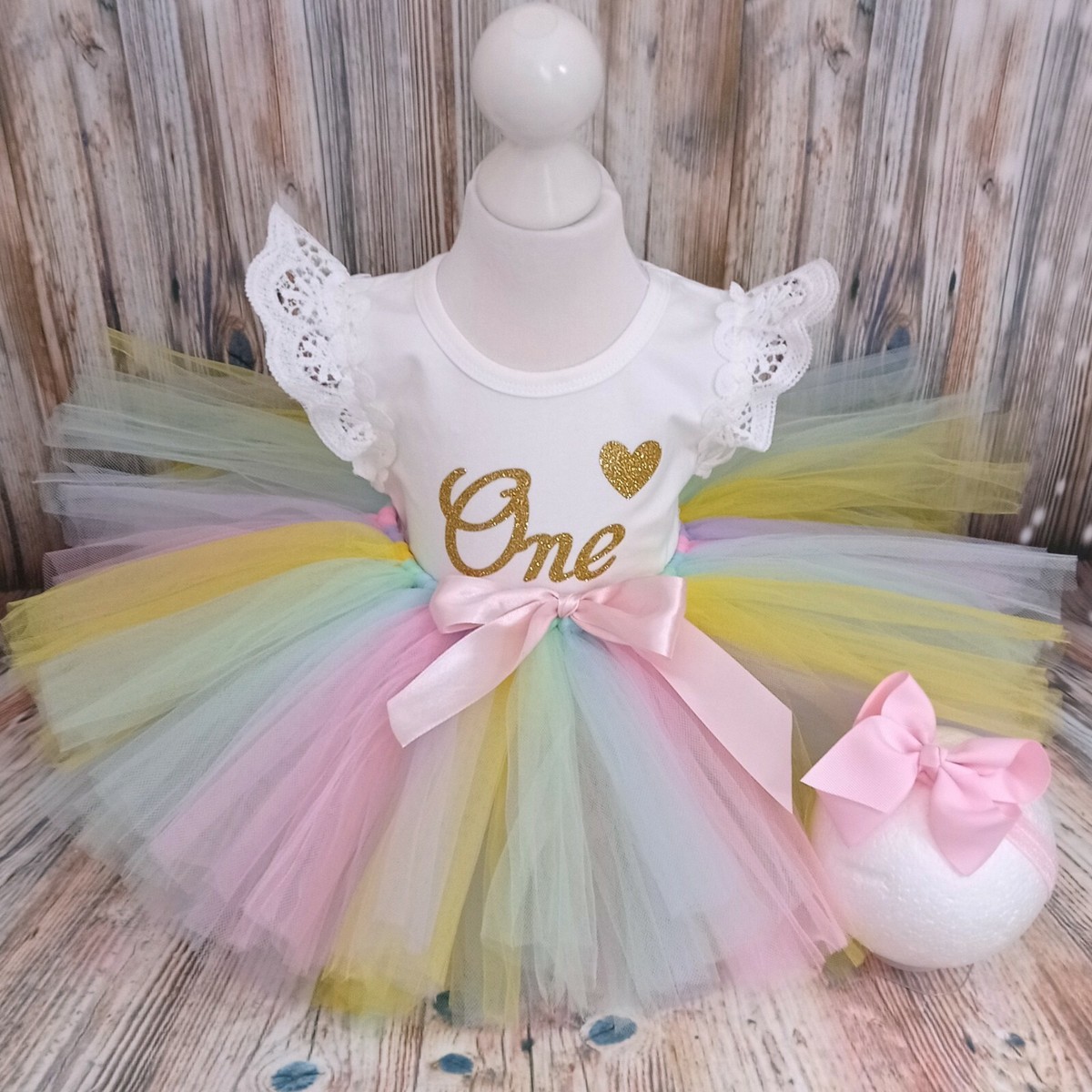 Pastel Rainbow Baby First 1st Birthday Outfit Tutu Cake Smash