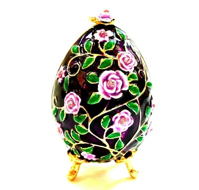 Ciel Egg Trinket Box Pink Rose Austrian Crystals Dark Purple Flowers Easter New