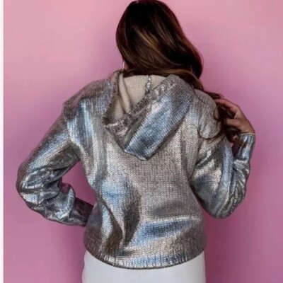 ZARA WOMAN NEW SILVER FOIL HOODED KNIT SWEATSHIRT SWEATER