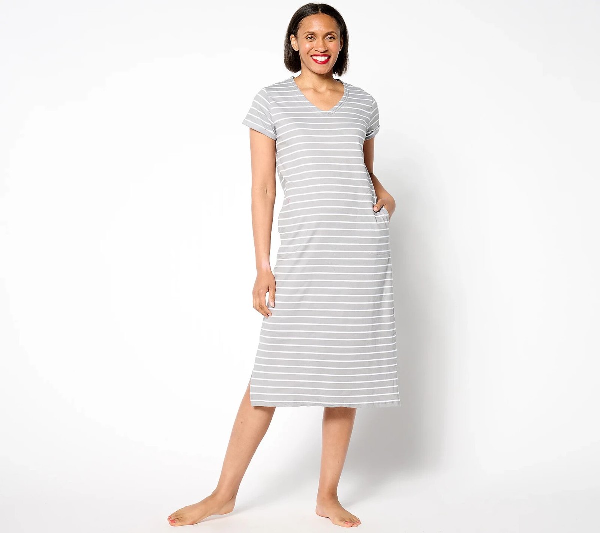 MUK LUKS 100% Cotton Jersey Rolled Sleeve Lounge Dress-Gray Stripe