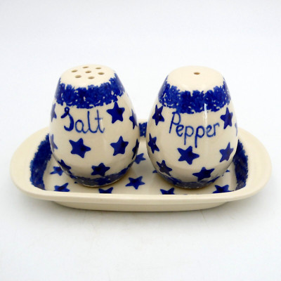 Wiza Polish Pottery Stars Salt & Pepper Shakers on Tray Blue Patriotic USA