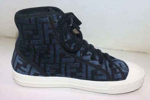 FENDI Domino FF Jacquard Fabric Blue High Top Sneakers Size 39.5 - Picture 8 of 14