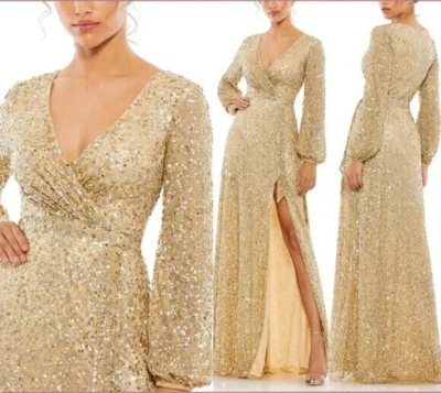 【MAC DUGGAL】ロングドレス ベージュ Vネック フリル チュール NWT Mac Duggal 5213 Champagne Sequined Long Sleeve Faux Wrap