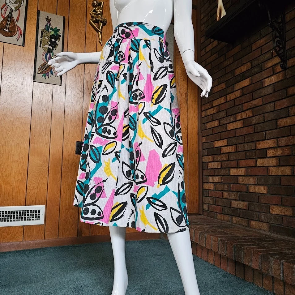 Vtg 80s Preppy Graphic Splatter Paint Pop Art New Wave Neon Midi Party Skirt S/M - Image 3 of 4