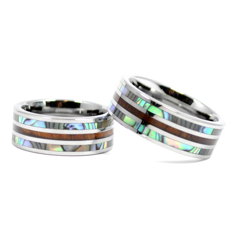 Anillo doble alianza de boda de madera de koa hawaiano concha de abulón de tungsteno de 8 mm para hombre Foto 2 de 2