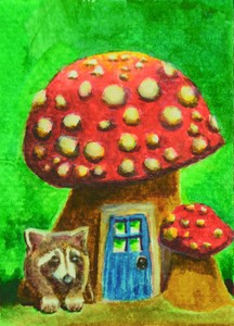 ACEO-Original-Hand-Painted-Watercolor-Gouache-Raccoon-and-Mushroom-House-Art