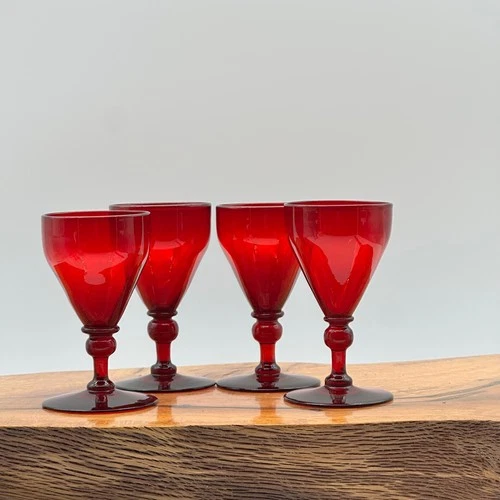Vintage Ruby Red Glass Cordial Stemware Set of 4 - Style of Steuben Selenium
