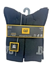NWT CAT Shoe Size 8-12 Black Mid Weight Crew Length Anti-Odor Boot Socks 6 Pairs