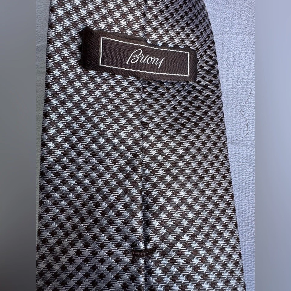 Corbata Brioni 100 % seda para hombre hecha en Italia marrón a cuadros hecha a mano diseñador de lujo Foto 4 de 4