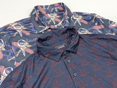 Sosik Performance Golf Shirt Mens LG Lot 2 Polo Skull Ball Tee AOP Stretch