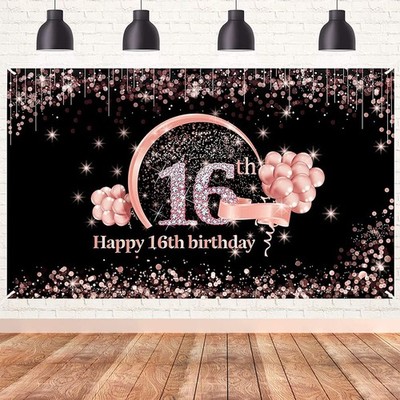 16. Geburtstag Mädchen Deko, 16 Geburtsta g Banner Schwarz und Roségold, Happ...
