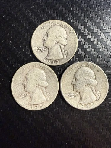 3 1948 P, D, S Silver Washington Quarters Circulated Uncertified US Coin Lot