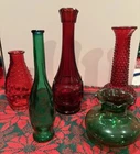 Vintage Clear Green And Ruby Red Decorative Various Height Bud Vases  (Set Of 5)