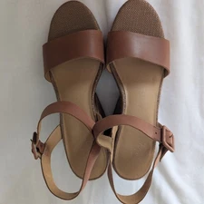 Crown Vintage Tan Leather Espadrille Wedge Sandals Womens Sz 9.5 Neutral Staple