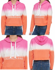 Women's Calvin Klein Jeans Logo Crop Hoodie Tie Dye Pink White Orange XL 16