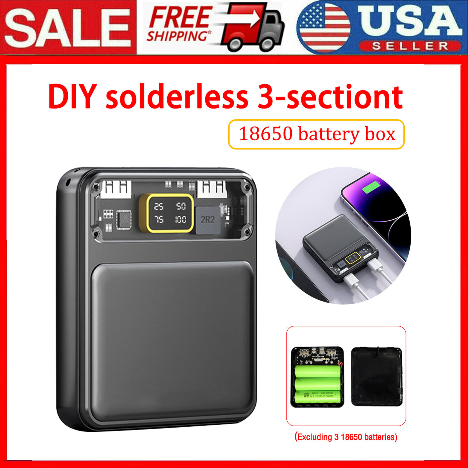 3x18650 Battery Storage Box Welding-free DIY Power Bank Box Case 18650