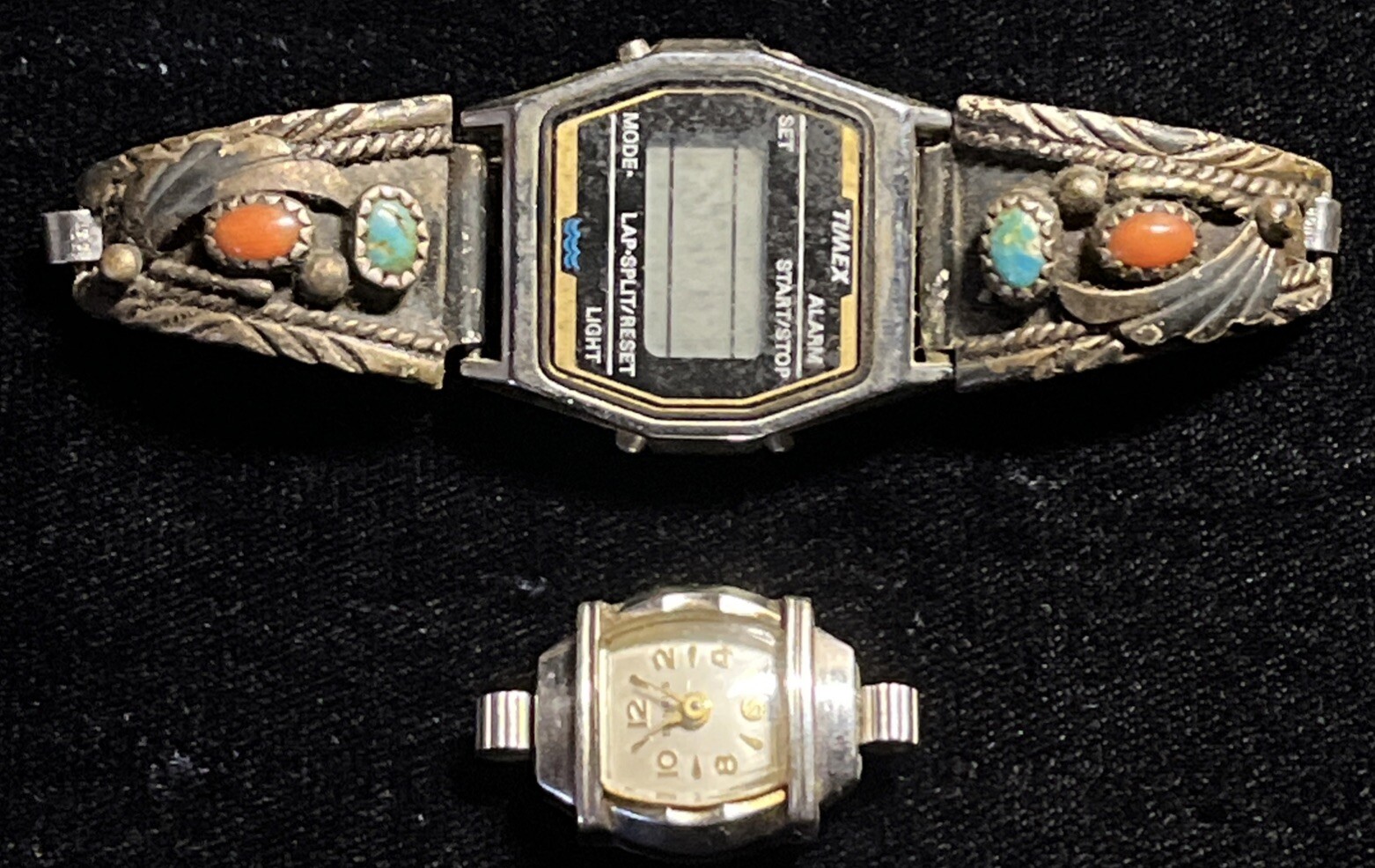 Vintage Yazzie Sterling Silver Turquoise Red Coral Watch  Bracelet