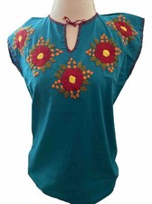 Embroidered Mexican Teal Blouse Handmade Size S/M
