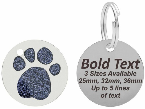 Personalised Engraved Dog Cat Pet Tag, 25mm, 32mm & 36mm Glitter Paw Dog ID Tags - Picture 2 of 21