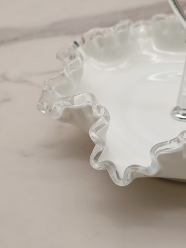 Vintage Fenton Silver Crest Milk Glass Ruffled Bon Bon Bowl With Handle - Picture 10 of 19
