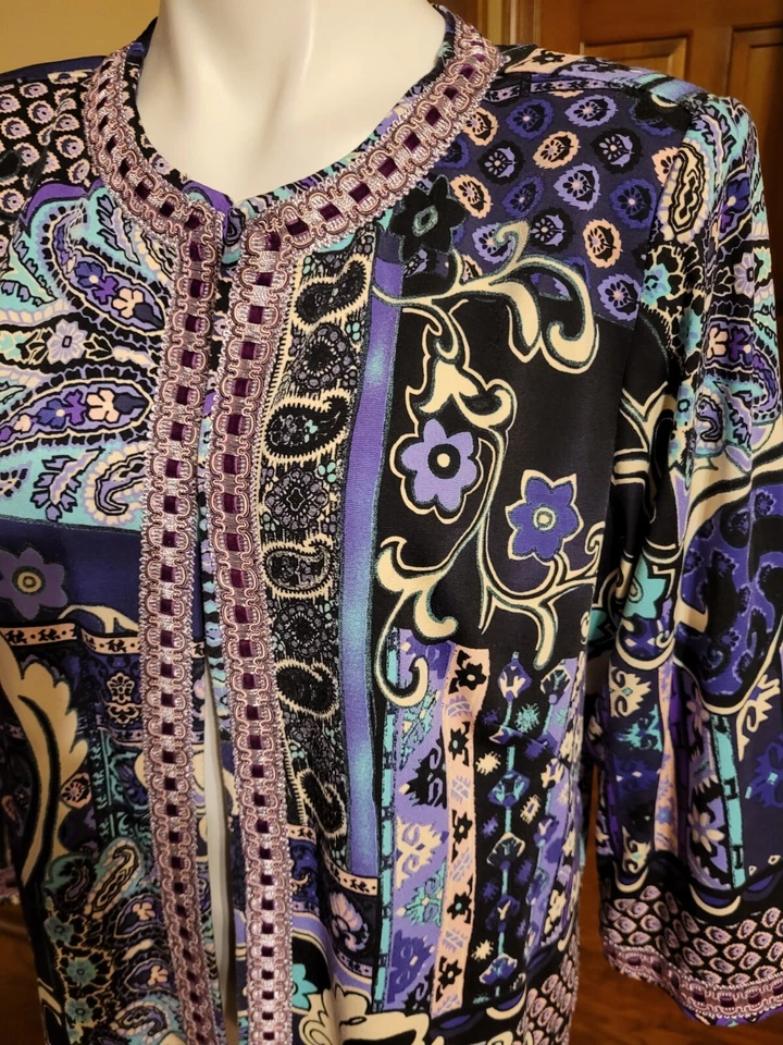 Chaqueta grande para mujer Joan Rivers estilo marroquí forrada púrpura frente abierto Foto 2 de 4
