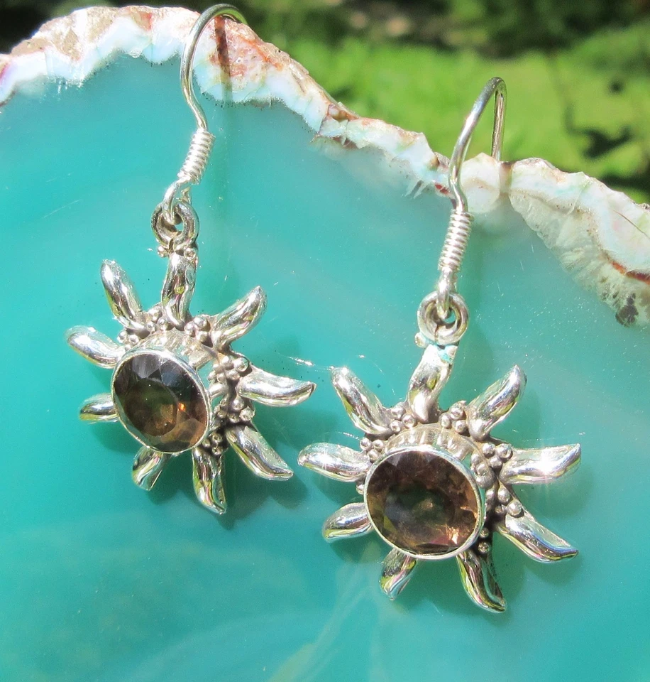 Rx Orecchini Sole Quarzo Affumicato Braun Segno Bilancia Argento Sterling 925 - Immagine 4 di 4