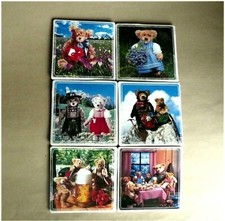 6 quadratische Korkuntersetzer mit Teddymotiven f&uuml;r Gl&auml;ser &bull; 9 x 9 cm