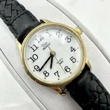 Ladies Timex Gold Tone Black Leather Analog Watch Casual Classic, New Battery