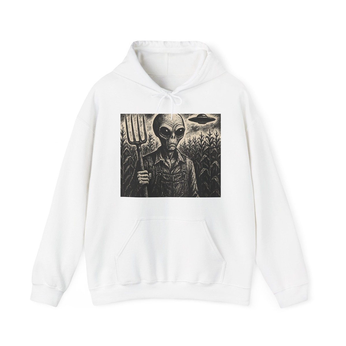NEW Adult Hoodie Sweatshirt Alien Farmer Cornfield Horror Ink Art
