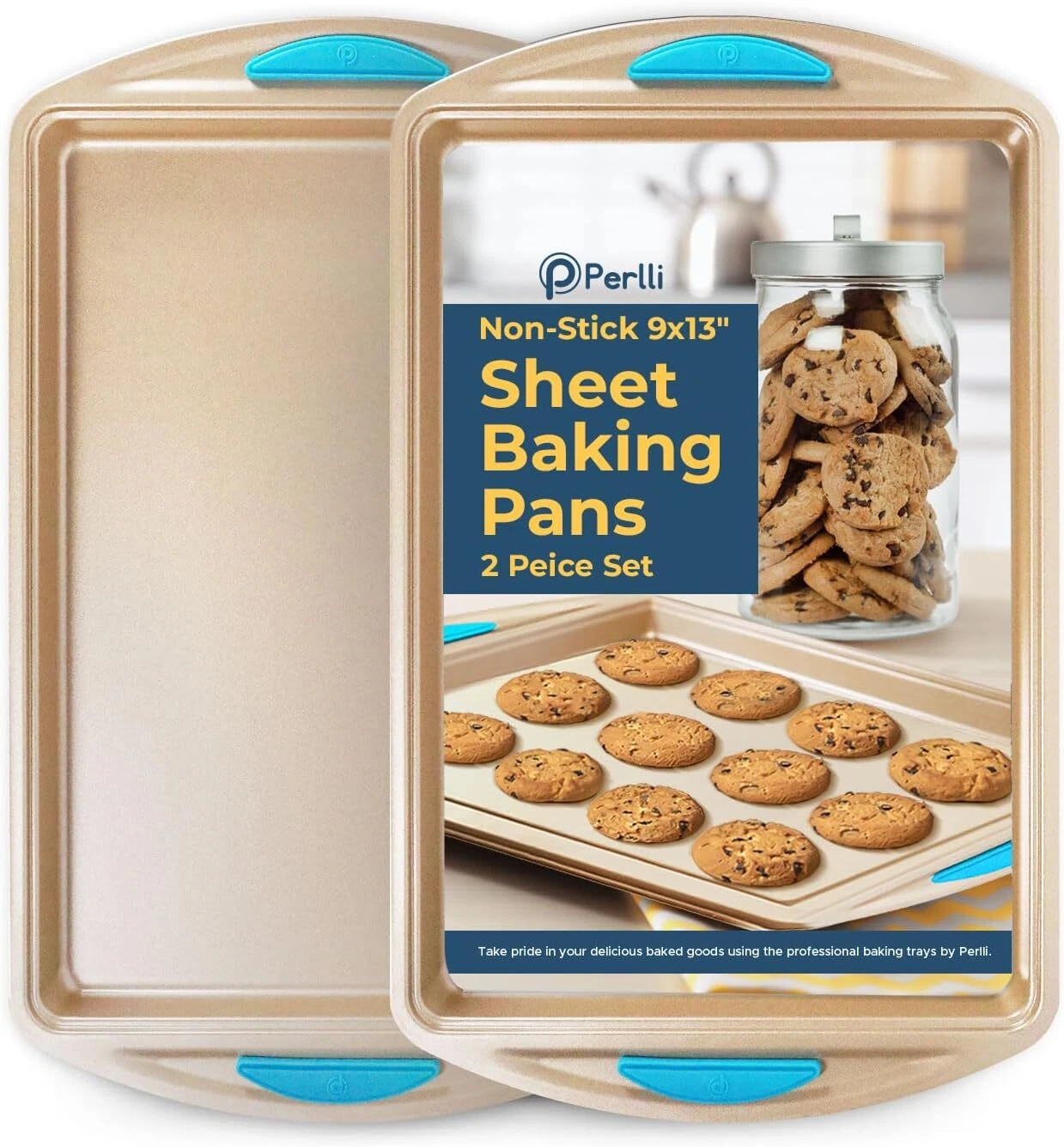 Perlli Cookie Sheet Baking Pan 2 Piece Set, 9x13" Gold Nonstick Trays with Bl...