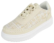 Top Moda Women Fashion Platform Sneakers Tweed Lace Up Stitching VIOLETA-1 Beige