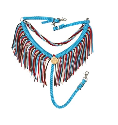 Horse Fringe Breast Collar turquoise, red, brown, and  tan With Wither Strap