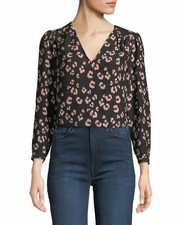 Rebecca Taylor Silk Top Black Cheetah Print V Neck Long Sleeve SZ 6 NWT 295