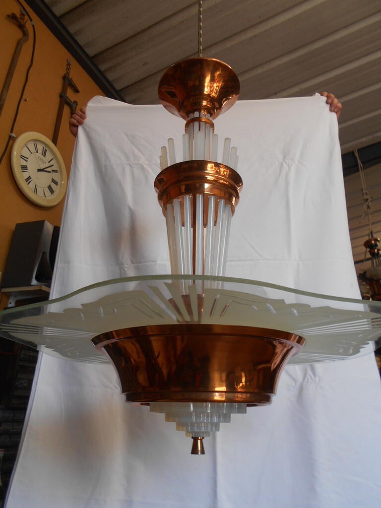 Lustre Moderniste / Art Déco Des Années 1930/40 Par EZAN - En Cuivre Et Verre, à Culot à Baïonnette
