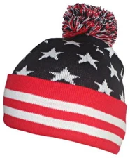 Best Winter Hats American Flag Cuffed Stretchy Tight Knit Beanie Cap W/Pom Pom