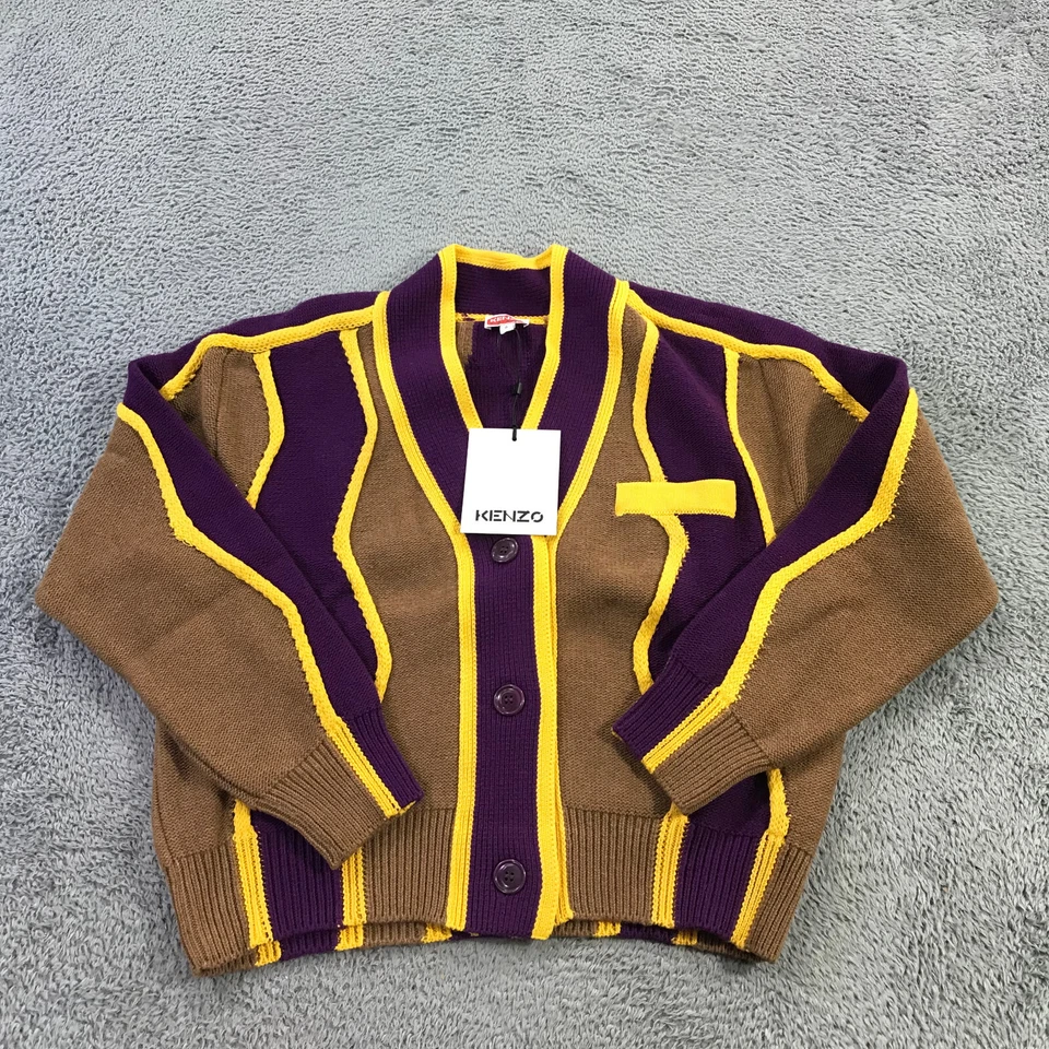 Suéter Kenzo Mujer Pequeño Ondulado Rayas Cárdigan Púrpura Amarillo Marrón Lana Grueso Foto 2 de 4