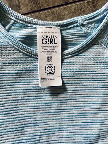NWT Athleta Girl Power Up Seamless Tee Top Blue Stripe Athletic Spacedye XL 14 - Picture 5 of 6