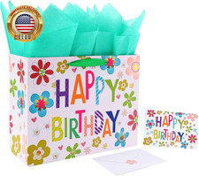 13" Large Gift Bag Set with Greeting Card and Green Tissue Paper Colorful Happy