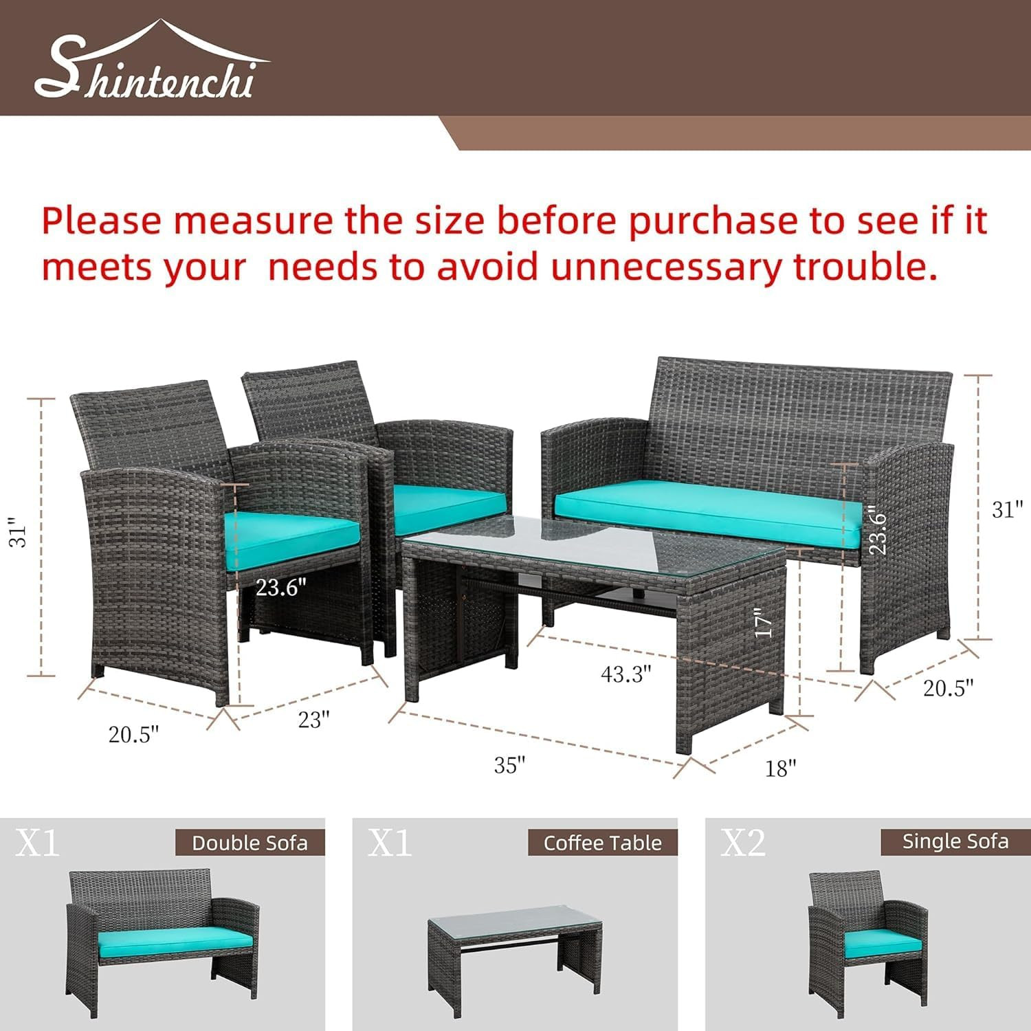 4 Piece Patio Ratten Set Outdoor Furniture Set Wicker Conversation Set with Cush thumbnail 6