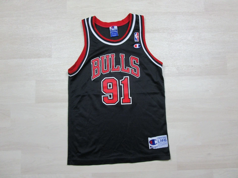 Camiseta De Colección Dennis Rodman Juvenil Grande 14-16 Chicago Bulls #91 Campeón Negra Foto 2 de 4