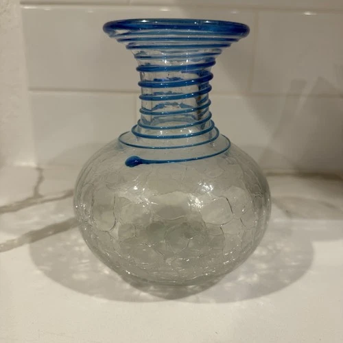 Vintage BLENKO Heavy Clear Crackle Glass Vase Applied Blue Swirls Neckline 8318