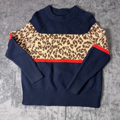 Aerie Womens XXS Navy Blue Leopard Print Colorblock Sweater Crewneck Long Sleeve