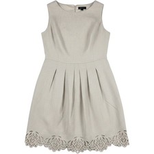 Tahari Arthur S Levine Dress 14W Tan Linen Blend Eyelet Hem Coastal Minimalist