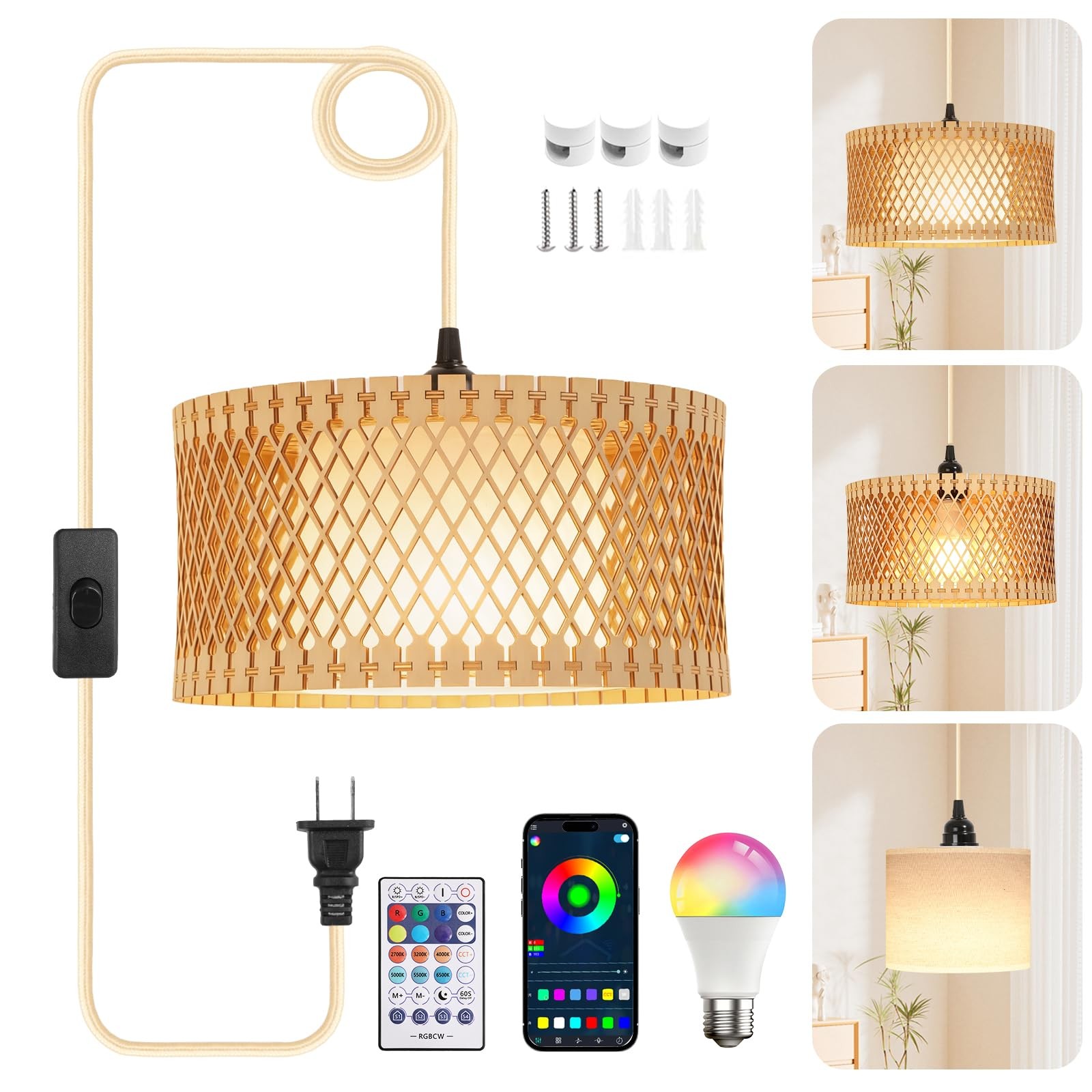 Hanging Lamp Plug in Pendant Light, 15FT Hanging Lights with Plug in Cord, Ha...