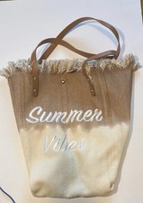 Summer Vibes Frayed Woven Beach Tote Bag Tan Straw Shoulder Bag Boho New